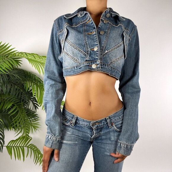 Vintage Y2K Indie Grunge Streetwear Mid Wash 2000s Cropped Denim Jacket Top / L - Picture 3 of 7